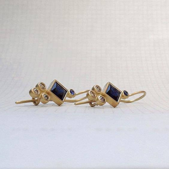 Princess Cut Sapphire Diamond (or 18k upon request) 14K Yellow Gold Drop Earrings