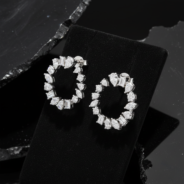 Radiant Cluster Mixed Diamonds Circle Earrings in 18K White Gold