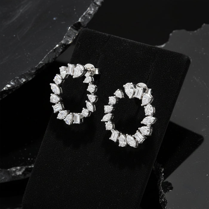 Radiant Cluster Mixed Diamonds Circle Earrings in 18K White Gold