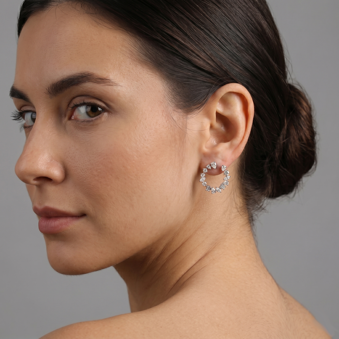 Radiant Cluster Mixed Diamonds Circle Earrings in 18K White Gold