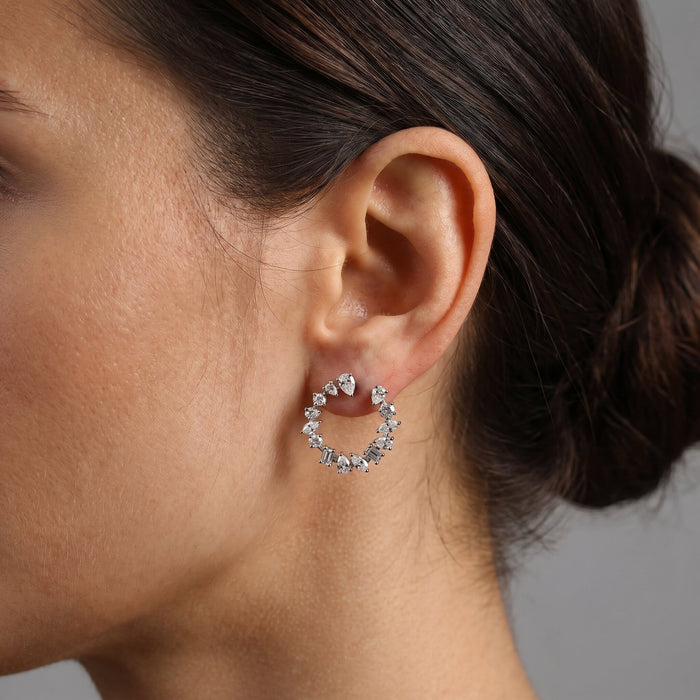 Radiant Cluster Mixed Diamonds Circle Earrings in 18K White Gold