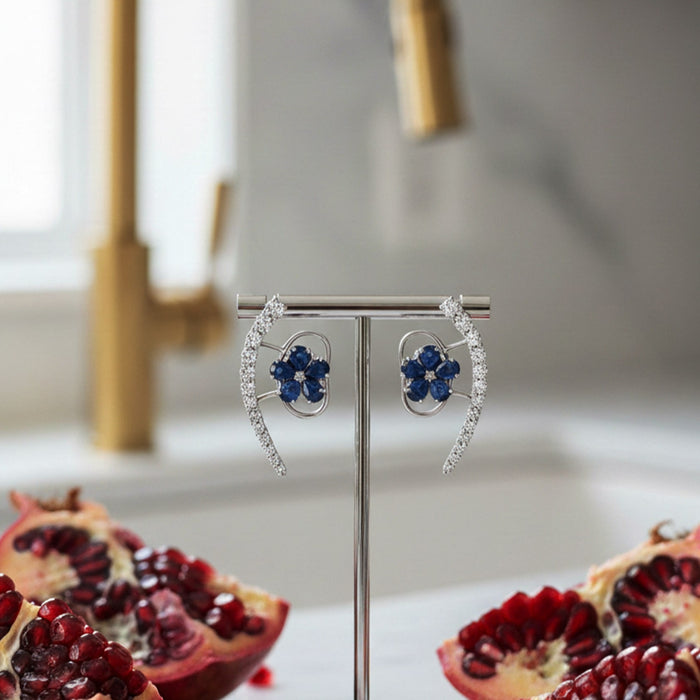 Sapphire Florals Diamond Earrings in 18K White Gold