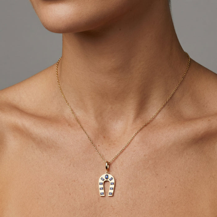 Blue Sapphire Emerald Pendant Necklace in 14K Yellow Gold