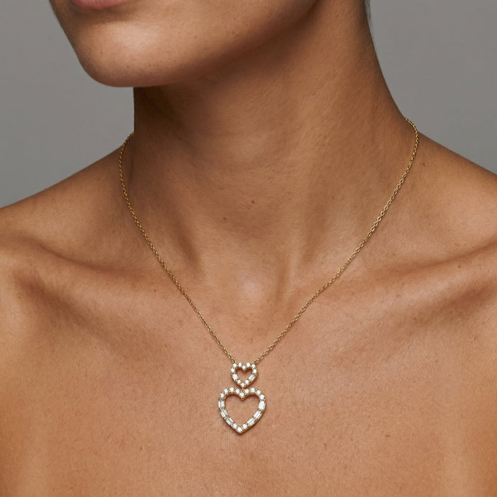 Double Open Heart Diamond Pendant Necklace in 14K Yellow Gold