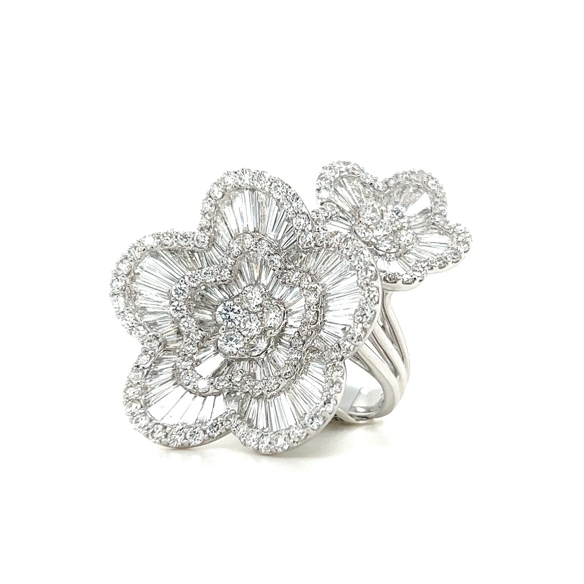 Diamond Double Flower Cocktail Ring in 18K White Gold