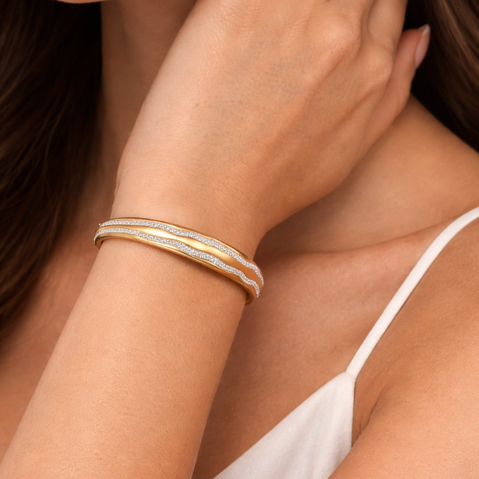 106 Dual Diamond Wave Design 14K (or 18k upon request) Yellow Gold Bangle Bracelet
