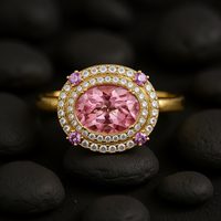 Oval Pink Sapphire Diamond Double Halo Cocktail Ring in 14K Yellow Gold