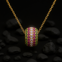 Multicolor Gemstone Pavé Barrel Pendant Necklace in 14K Yellow Gold