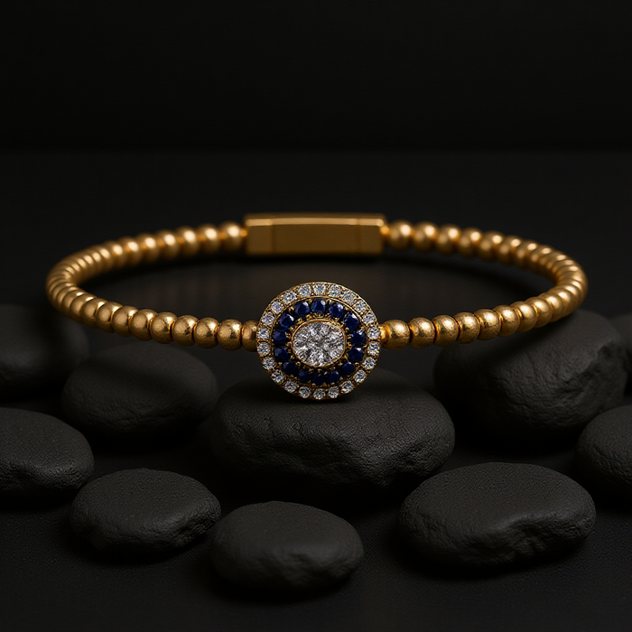 Oval Centerpiece Beaded Bangle Bracelet in 14K Gold