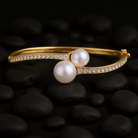 Double Pearl Diamond Open Bangle Bracelet in 14K Yellow Gold