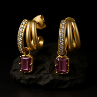 Emerald-Cut Pink Tourmaline Hoop Drop Earrings in 14K Yellow Gold