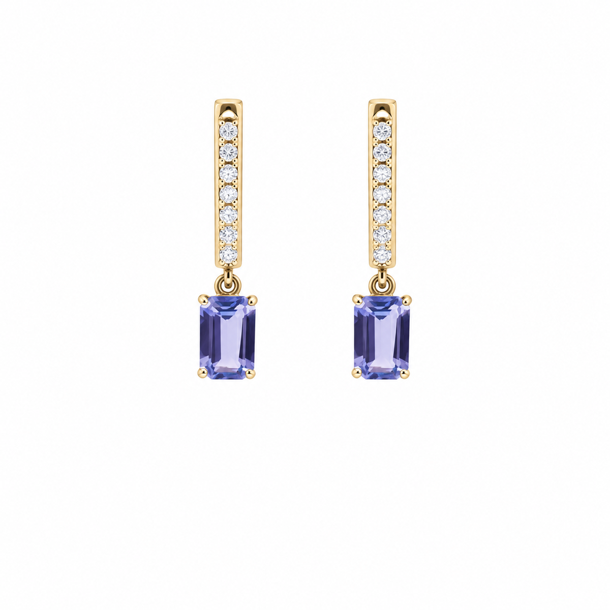 Emerald Cut Tanzanite 18K Natural Diamond Yellow Gold Drop Earrings