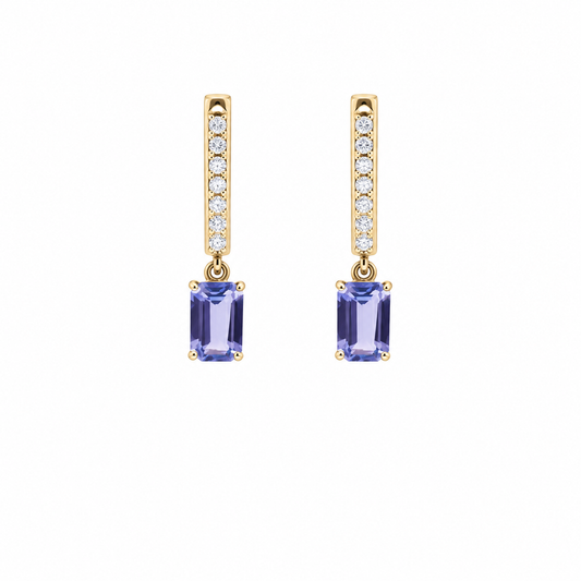 Emerald Cut Tanzanite 18K Natural Diamond Yellow Gold Drop Earrings