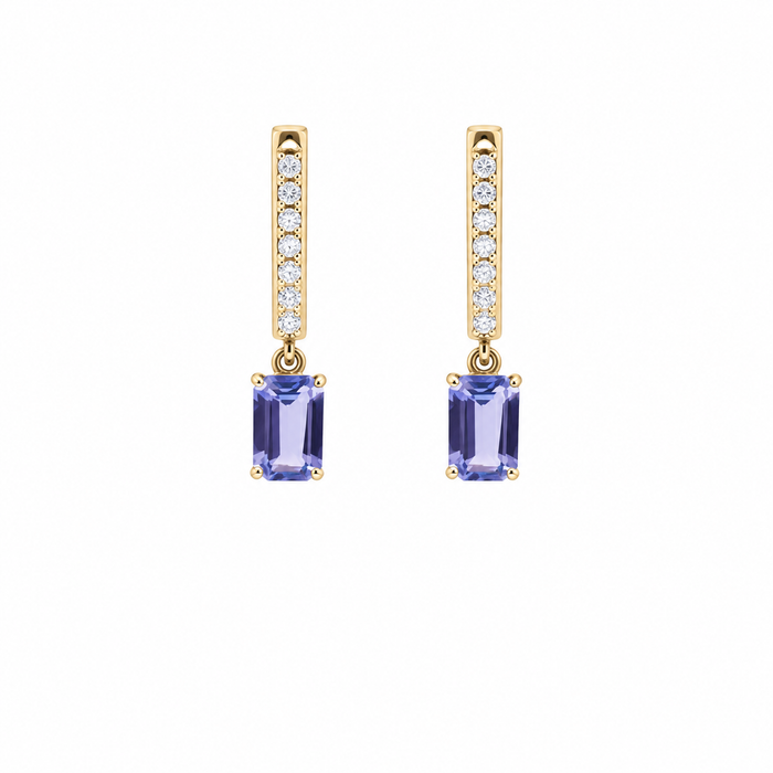 Emerald Cut Tanzanite 18K Natural Diamond Yellow Gold Drop Earrings