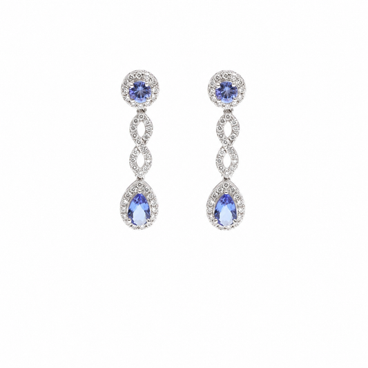 Tanzanite Link Halo 18K Natural Diamond White Gold Drop Earrings