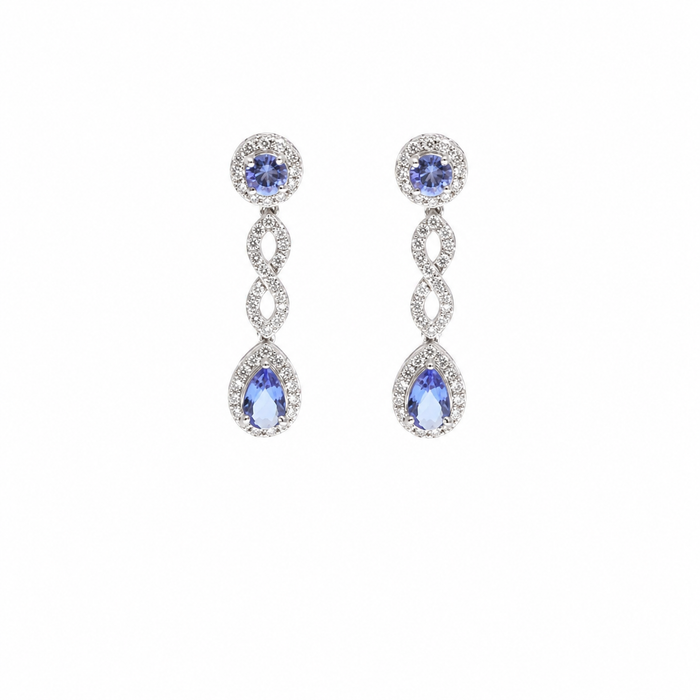 Tanzanite Link Halo 18K Natural Diamond White Gold Drop Earrings