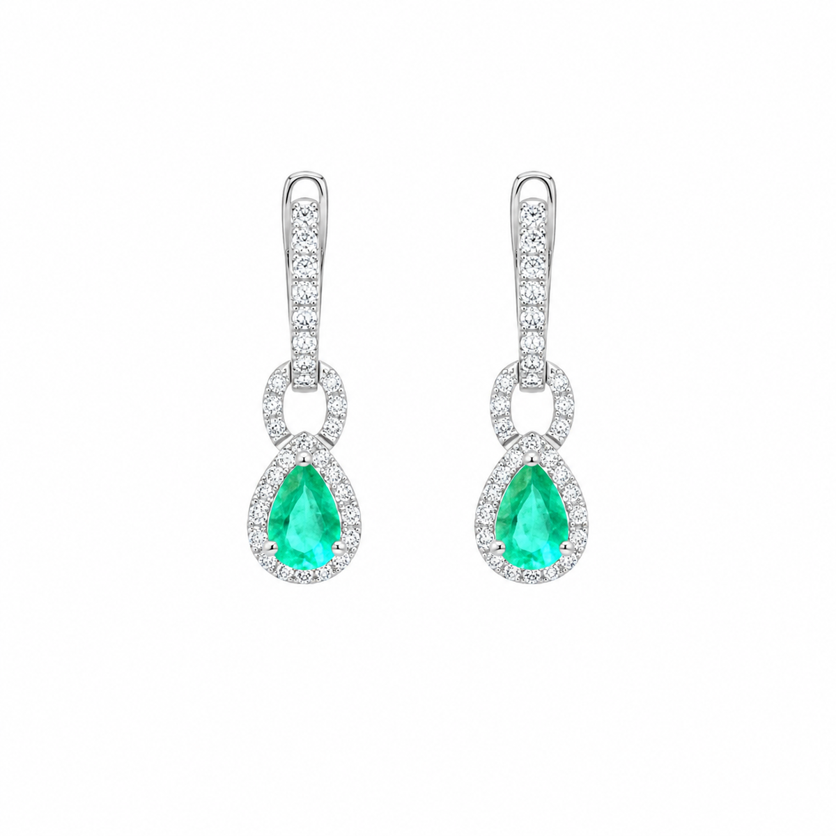 18K Emerald & Natural Diamond Halo Drop Earrings in White Gold