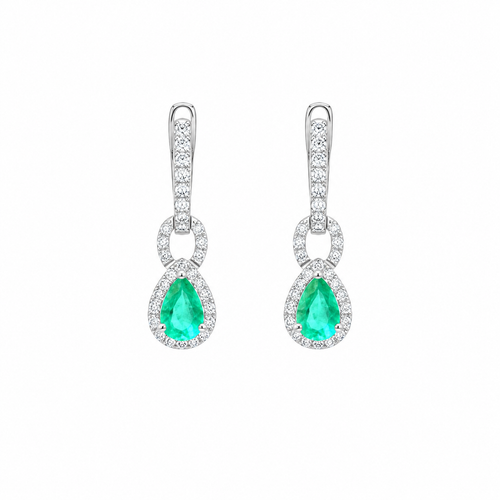 18K Emerald & Natural Diamond Halo Drop Earrings in White Gold