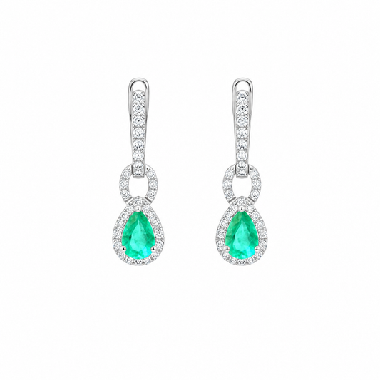 Emerald & Natural Diamond 18K White Gold Halo Drop Earrings