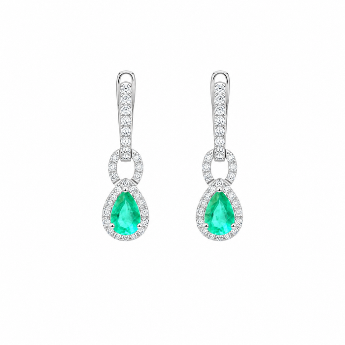 18K Emerald & Natural Diamond Halo Drop Earrings in White Gold