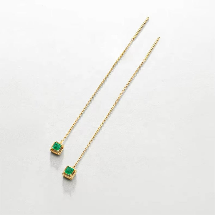 Square Emerald Threader Earrings in 14K Yellow Gold