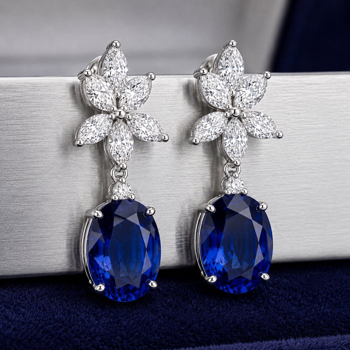 Blue Sapphire & Lab Diamond Floral Drop Earrings in 14K White Gold