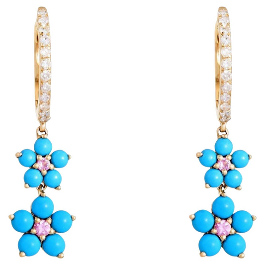 Blooming Turquoise Floral Drop Earrings in 14K Yellow Gold