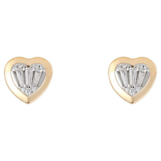 Baguette Diamond Heart Stud Earrings in 14K Yellow Gold