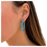 Turquoise Diamond Hoop Earrings in 14K Yellow Gold