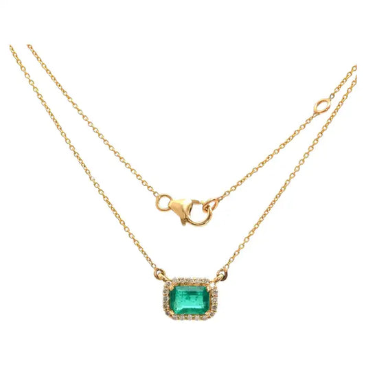 Emerald & Natural Diamond 18K Yellow Gold Rectangle Halo Necklace