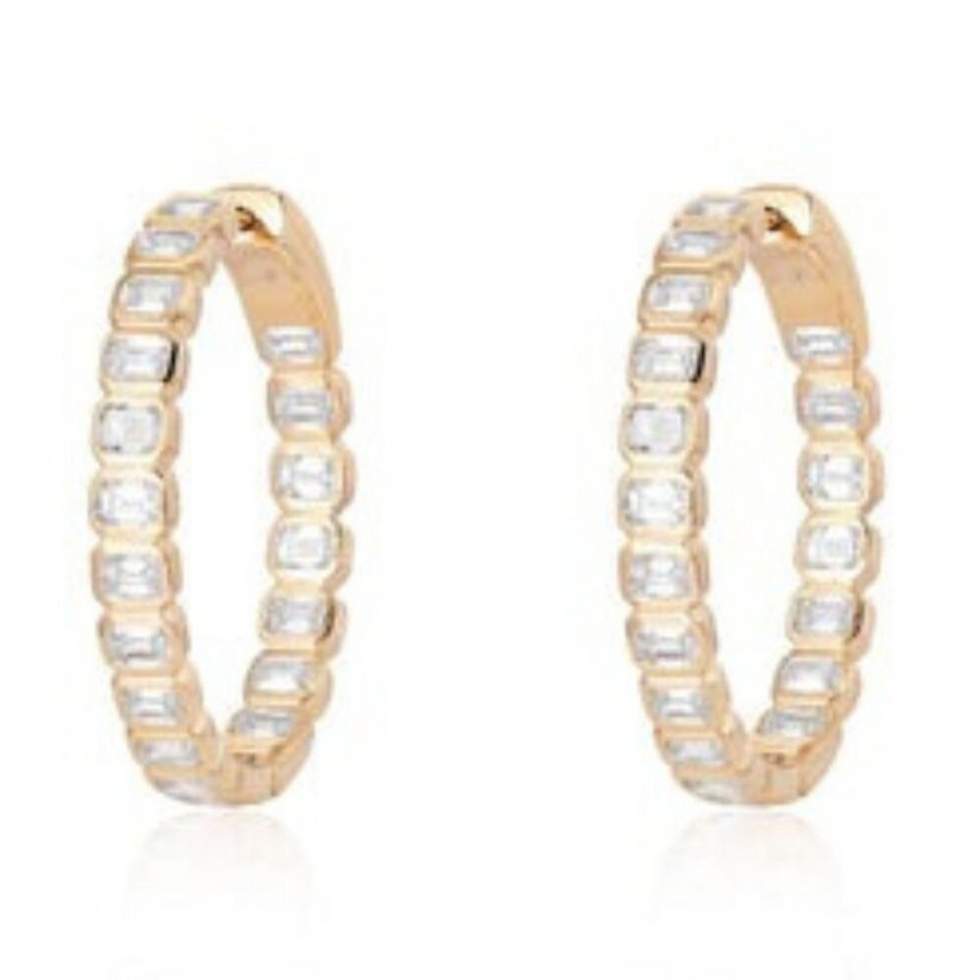 Sleek Gold Hoop Baguette Diamonds Earrings in 14K Yellow Gold