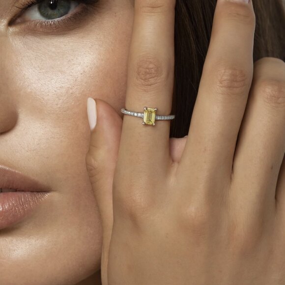 Yellow Emerald Cut Micro Pave Engagement Ring in 14K Gold