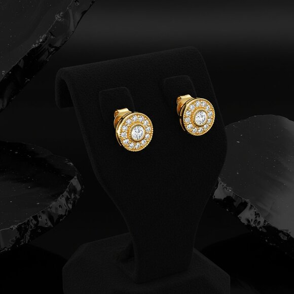 Round Diamonds Push Back Halo Stud Earrings in 14K Gold
