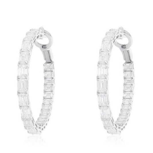 Radiant Hoop Emerald Cut Diamond Earrings in 18K White Gold