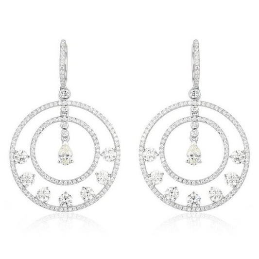 Radiant Halo Double Circle Diamond Drop Earrings in 14K White Gold