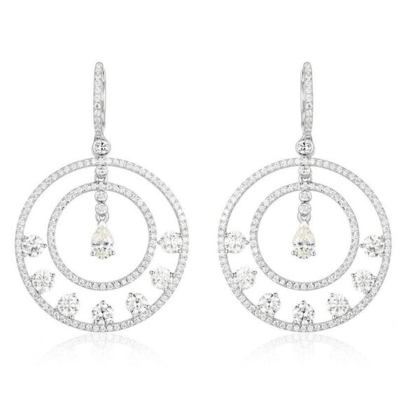 Radiant Halo Double Circle Diamond Drop Earrings in 14K White Gold