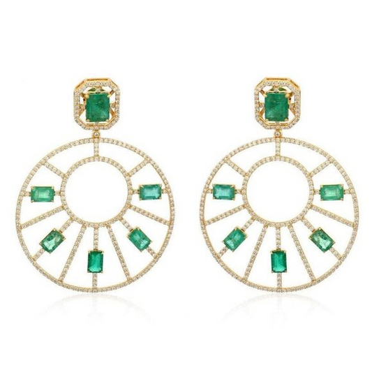Emerald Diamond Sunburst Statement Earring in 14K Yellow Gold