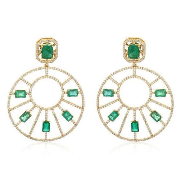 Emerald Diamond Sunburst Statement Earring in 14K Yellow Gold