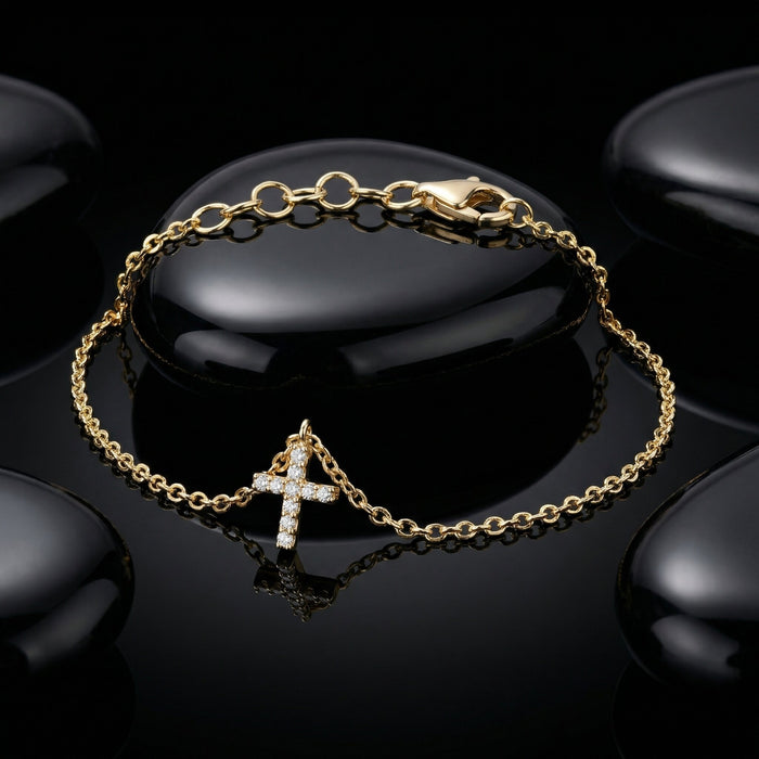 Diamond Cross Charm Bracelet in 14K Yellow Gold