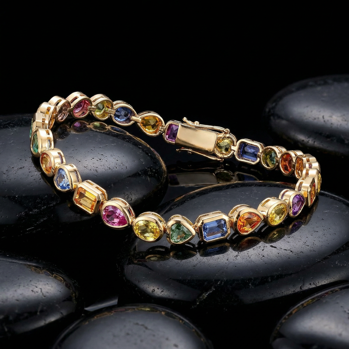 Vibrant Spectrum 14K Yellow Gold Gemstone Tennis Bracelet