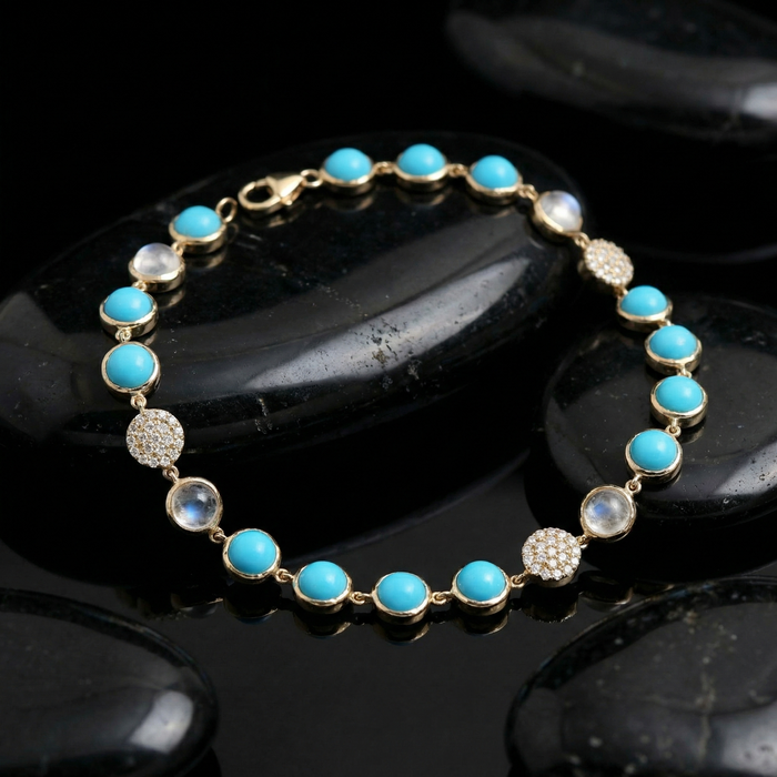Turquoise & Diamond 14K Yellow Gold Tennis Bracelet