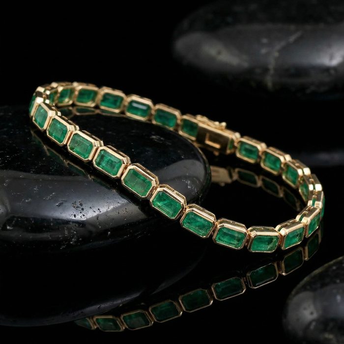 Rectangular Emerald Stones 14K Emerald & Yellow Gold Bracelet