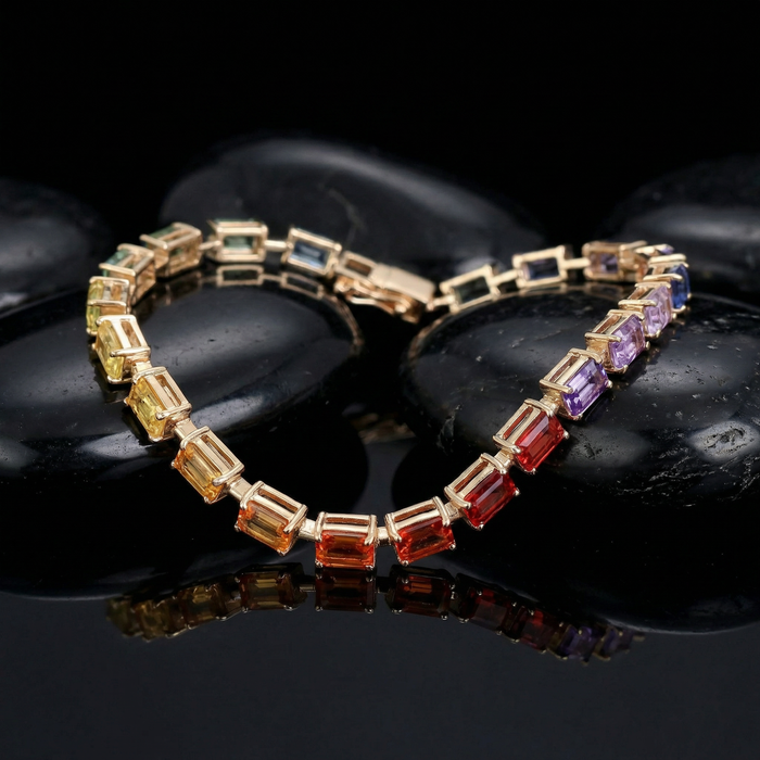 Rainbow Sapphire Emerald-Cut 14K Gold Tennis Bracelet