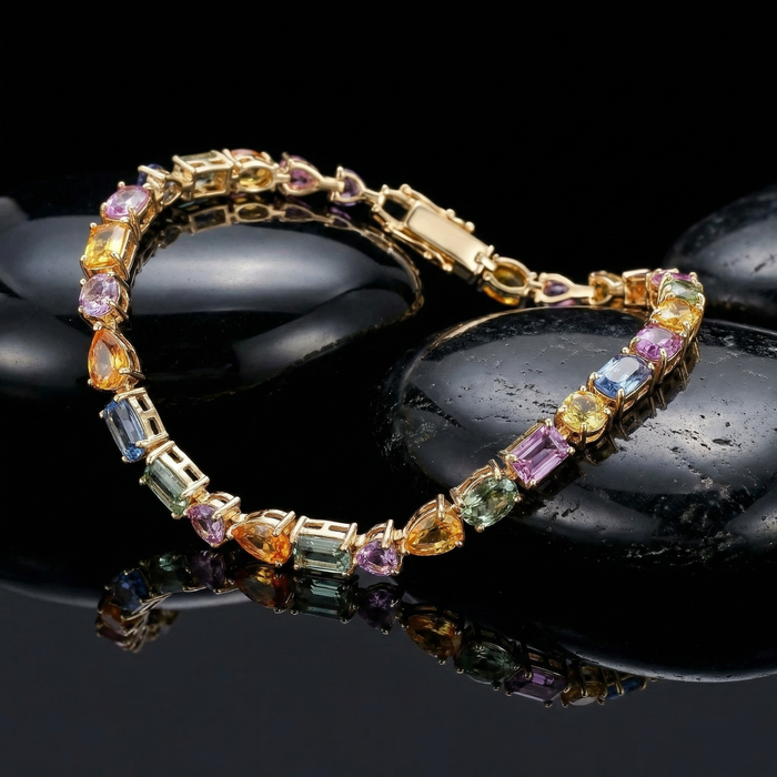 Radiant Colorful Sapphire 14K Yellow Gold Tennis Bracelet
