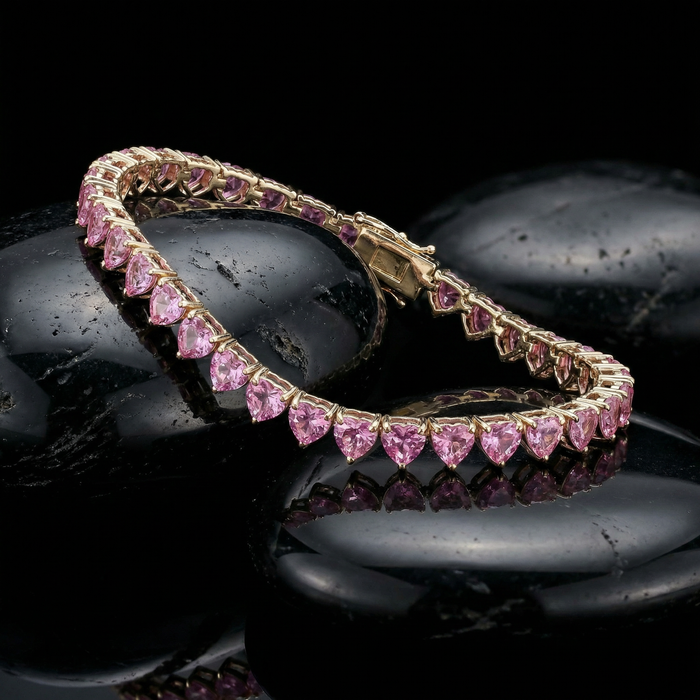 Pink Sapphire 14K Yellow Gold Heart-Shaped Tennis Bracelet