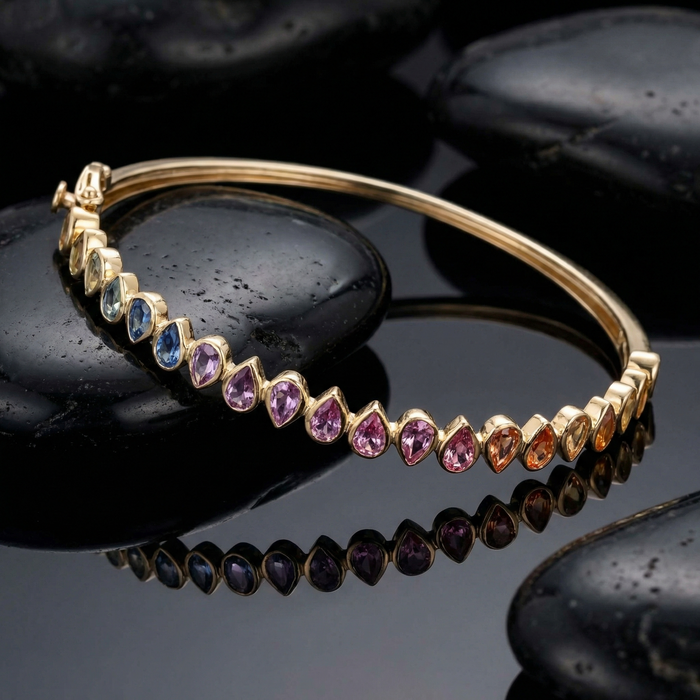 Petal Cut Rainbow Gemstone 14K Yellow Gold Bangle Bracelet