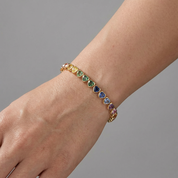 Heart-Shaped Rainbow Gemstone 14K Yellow Gold Bracelet