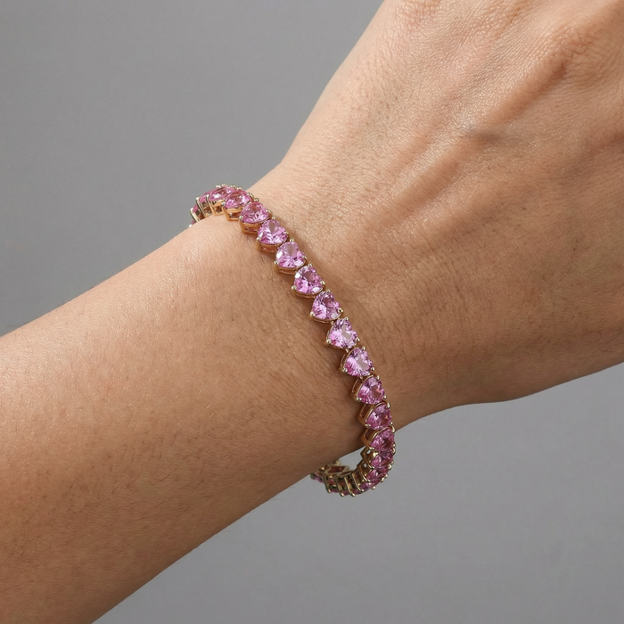 Pink Sapphire 14K Yellow Gold Heart-Shaped Tennis Bracelet