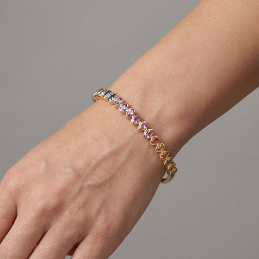 Petal Cut Rainbow Gemstone 14K Yellow Gold Bangle Bracelet