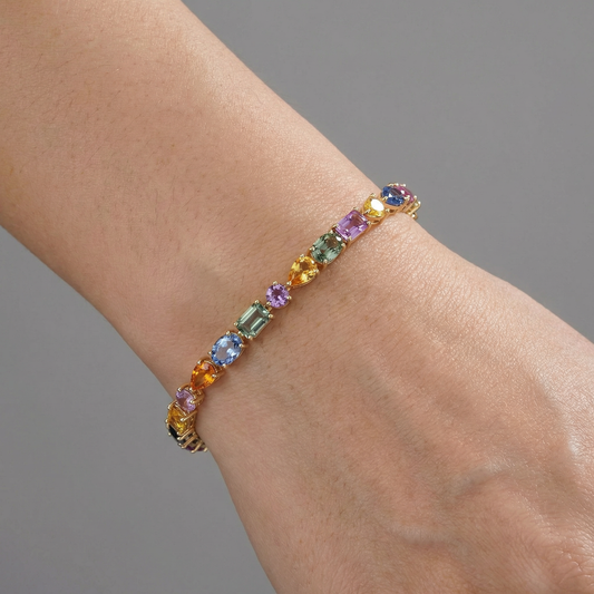 Radiant Colorful Sapphire 14K Yellow Gold Tennis Bracelet